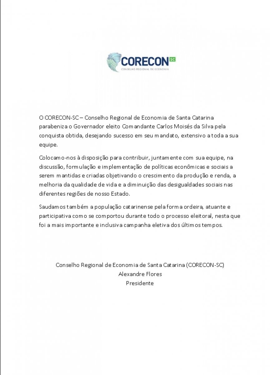 Corecon-SC parabeniza o governador eleito Carlos Moisés da Silva - Corecon/SC