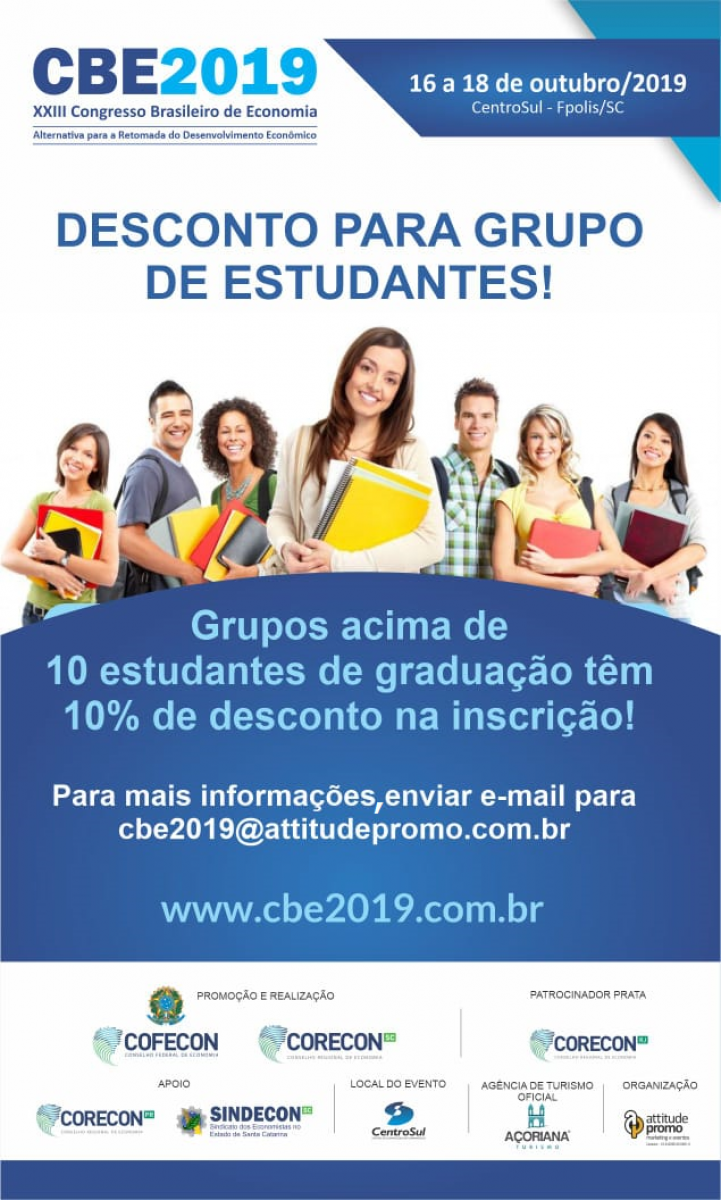 Grupos de estudantes de graduação terão descontos no Congresso Brasileiro de Economia - Corecon/SC