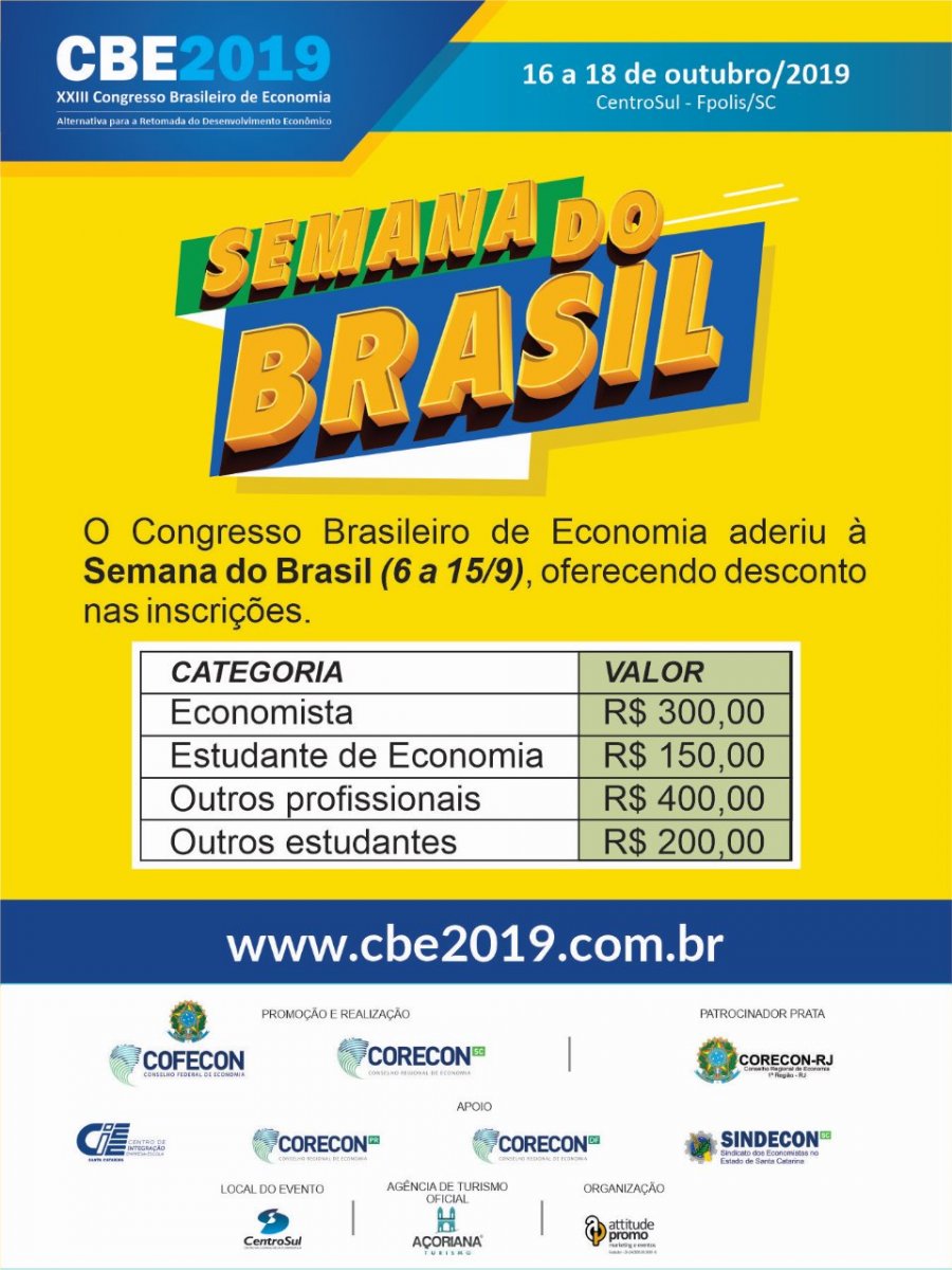 Semana do Brasil com descontos nas inscrições para o 21º CBE - Corecon/SC