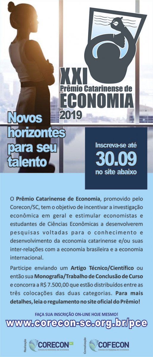 Últimos dias para inscrições de trabalhos no 21º Prêmio Catarinense de Economia - Corecon/SC