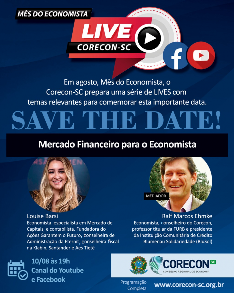 Live com o “Mercado Financeiro para o Economista” abrirá a Semana do Economista 2020 - Corecon/SC