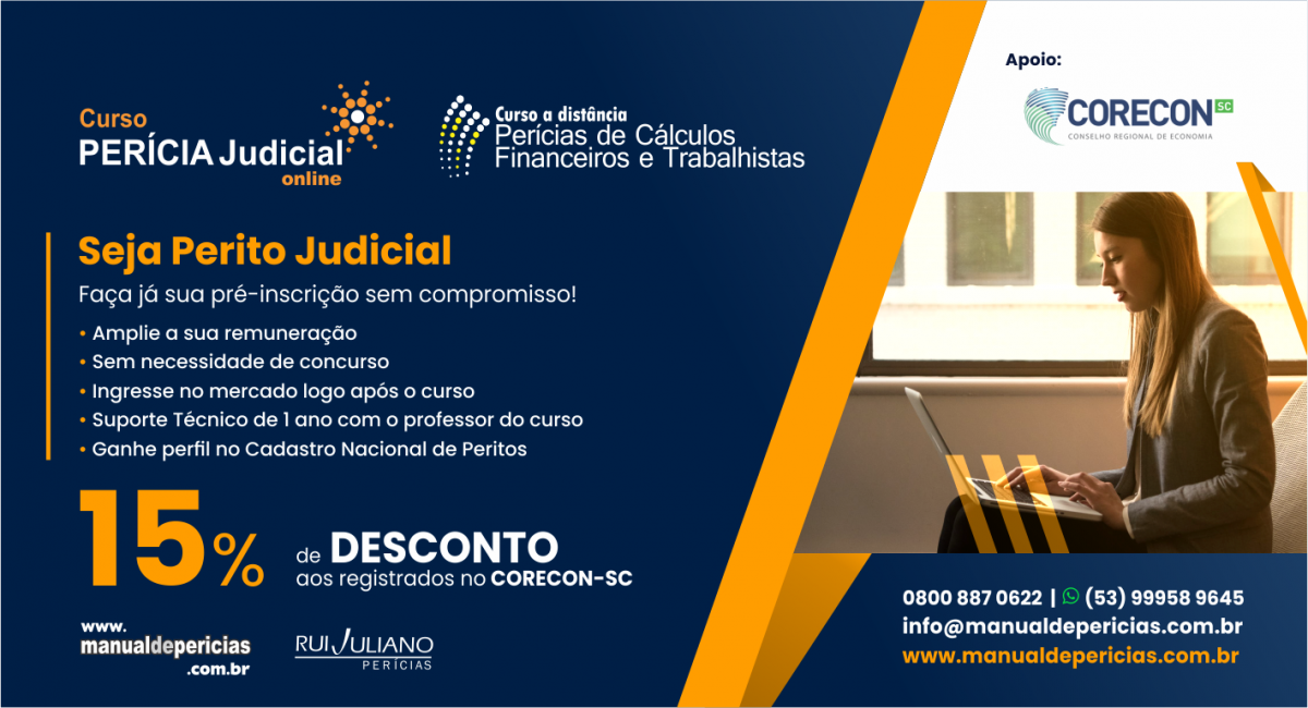 Registrado no Corecon-SC tem desconto de 15% em cursos on-line da Rui Juliano Perícias - Corecon/SC