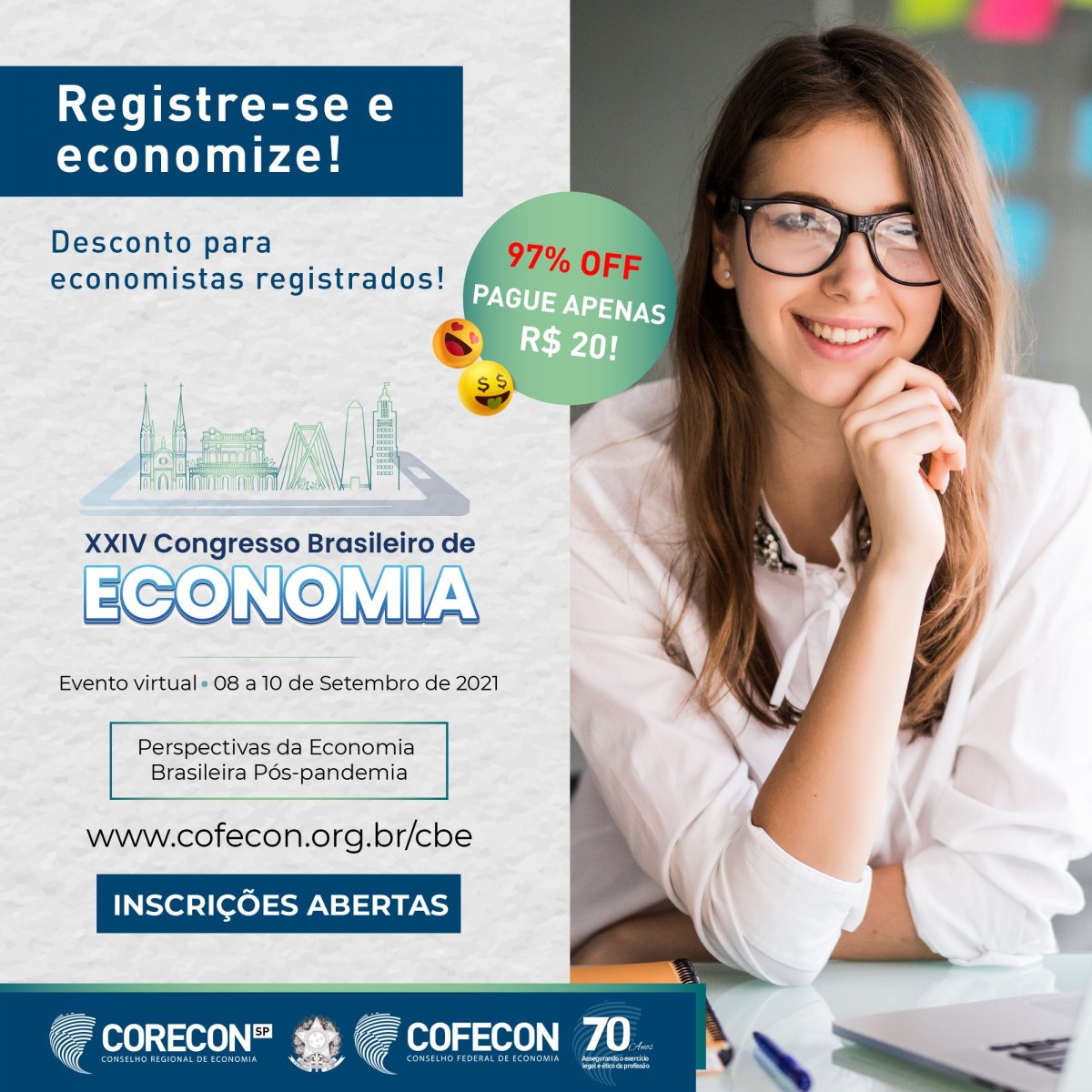 Economista registrado e acadêmicos de Economia têm ingresso a R$ 20 para o CBE - Corecon/SC