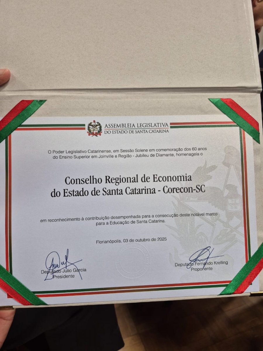 Corecon-SC é homenageado pela ALESC em Joinville - Corecon/SC