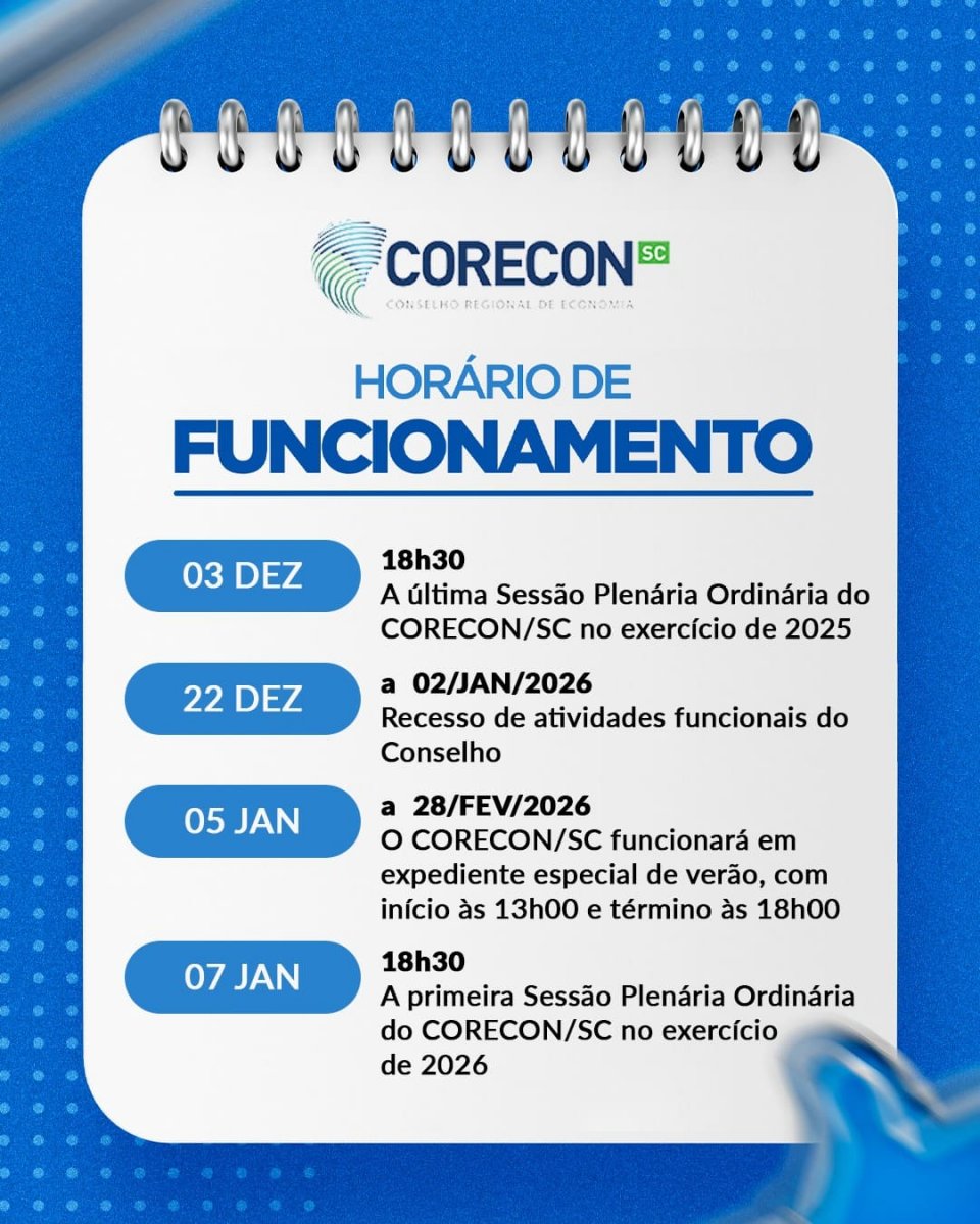 Atenção para a agenda de final de ano Corecon-SC / 2025 - 2026 - Corecon/SC