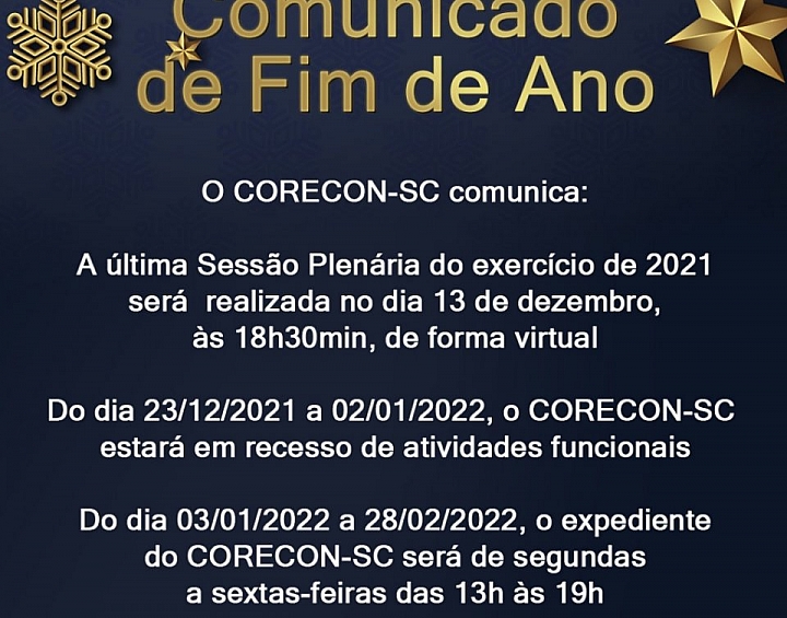 Comunicado de final de ano do Corecon-SC - Corecon/SC