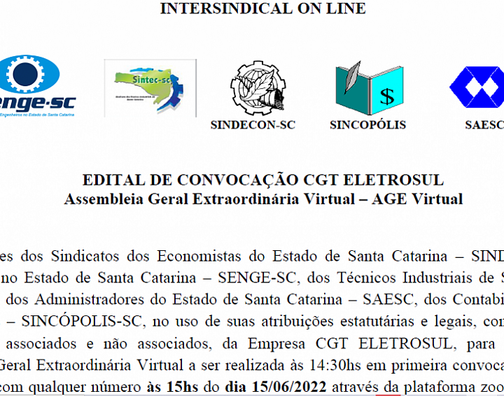 Edital de convocação CGT Eletrosul - Assembleia Geral Extraordinária Virtual – AGE Virtual - Corecon/SC