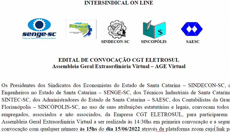 Edital de convocação CGT Eletrosul - Assembleia Geral Extraordinária Virtual – AGE Virtual - Corecon/SC